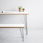 White hairpin desk and bench seat