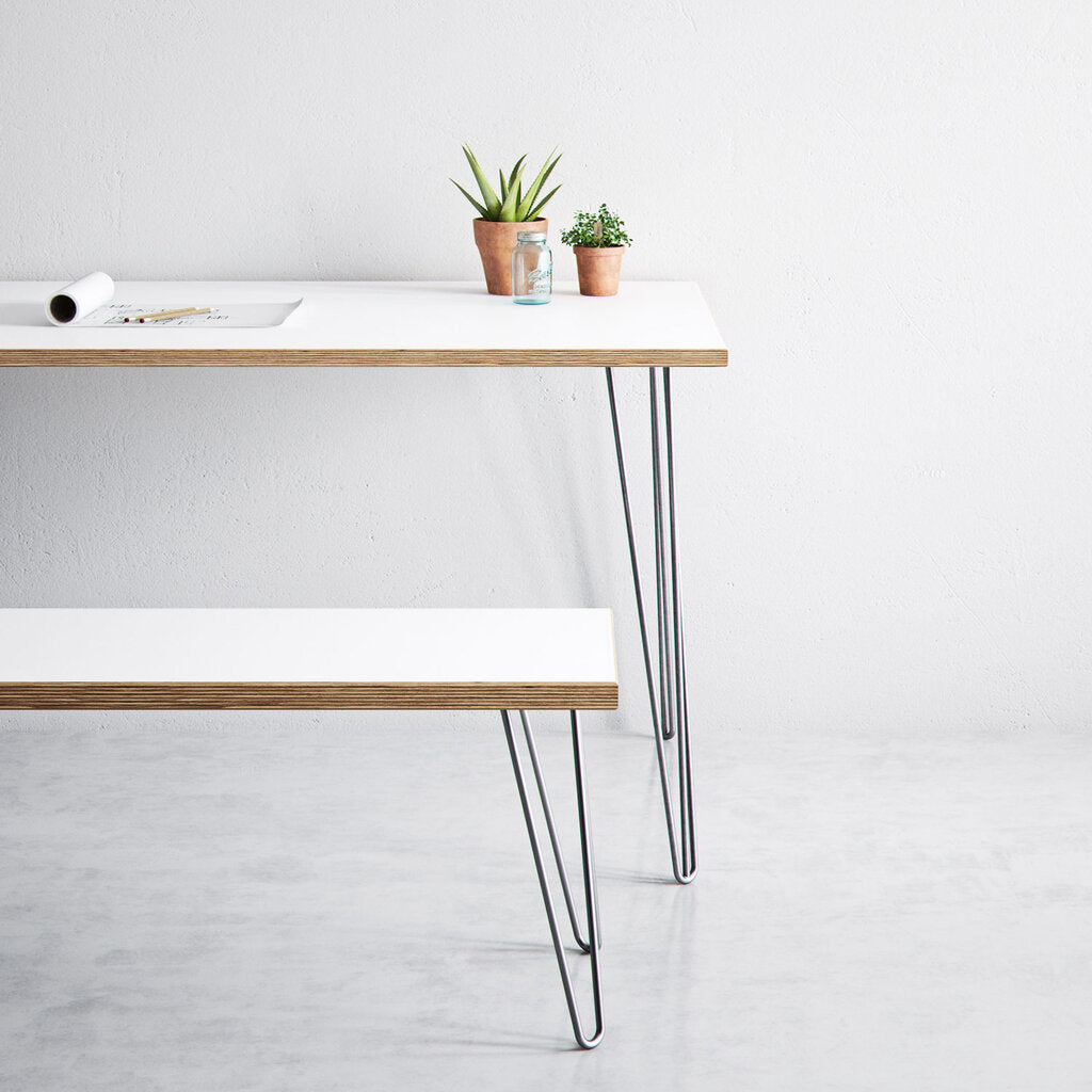 White hairpin desk and bench seat